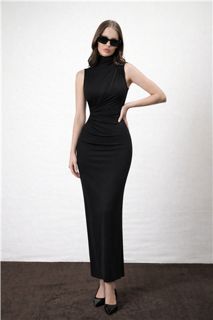 Kadın Siyah Dik Yaka Drape Detaylı Yırtmaçlı Sandy Elbise Alc-X15244