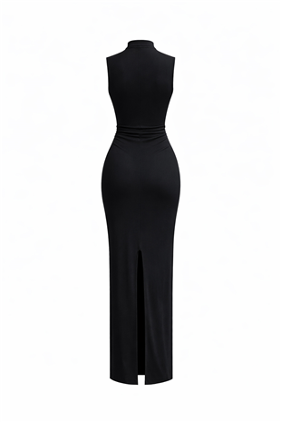 Kadın Siyah Dik Yaka Drape Detaylı Yırtmaçlı Sandy Elbise Alc-X15244