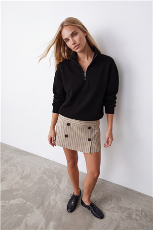Kadın Siyah Dik Yaka Fermuarlı 3 İplik İçi Şardonlu Oversize Sweatshirt Alc-X15729