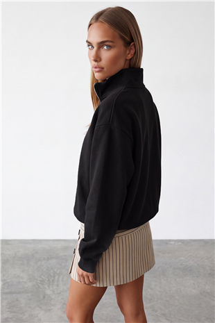 Kadın Siyah Dik Yaka Fermuarlı 3 İplik İçi Şardonlu Oversize Sweatshirt Alc-X15729