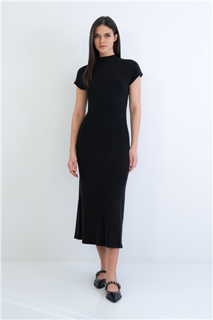 Kadın Siyah Dik Yaka Kısa Kol Maxi Boy Triko Elbise Alc-X15297
