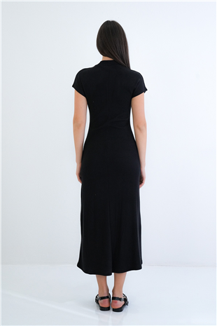 Kadın Siyah Dik Yaka Kısa Kol Maxi Boy Triko Elbise Alc-X15297