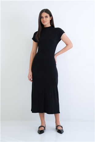 Kadın Siyah Dik Yaka Kısa Kol Maxi Boy Triko Elbise Alc-X15297