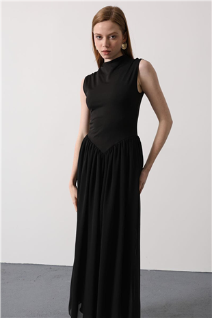 Kadın Siyah Dik Yaka Kolsuz İçi Astarlı Uzun Tül Elbise Alc-X15208