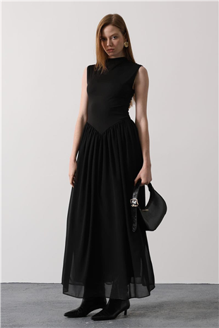 Kadın Siyah Dik Yaka Kolsuz İçi Astarlı Uzun Tül Elbise Alc-X15208