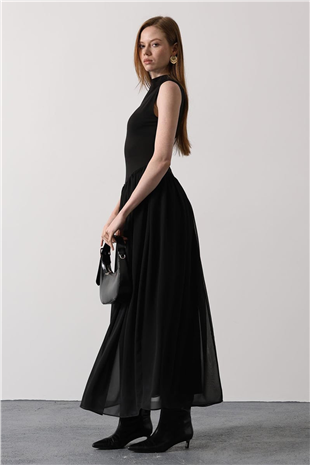 Kadın Siyah Dik Yaka Kolsuz İçi Astarlı Uzun Tül Elbise Alc-X15208