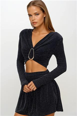 Kadın SİYAH Drapeli V Yaka Aksesuar Detaylı Crop Bluz VS01661