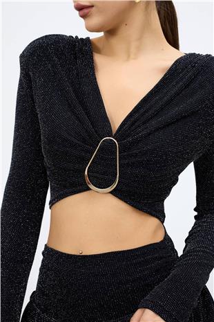 Kadın SİYAH Drapeli V Yaka Aksesuar Detaylı Crop Bluz VS01661