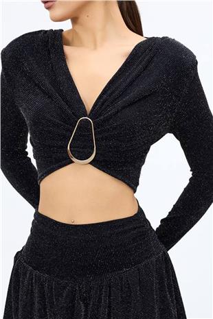 Kadın SİYAH Drapeli V Yaka Aksesuar Detaylı Crop Bluz VS01661