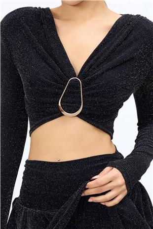 Kadın SİYAH Drapeli V Yaka Aksesuar Detaylı Crop Bluz VS01661