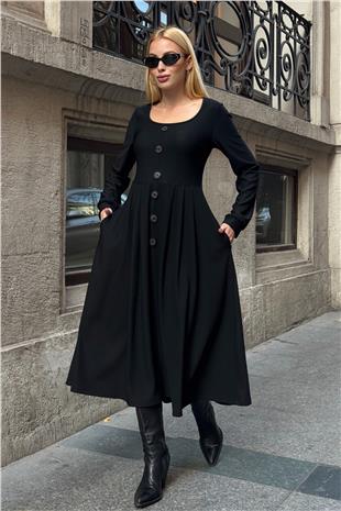 Kadın SİYAH Düğme Detaylı Yuvarlak Yaka Pileli Ottoman Elbise VS01649