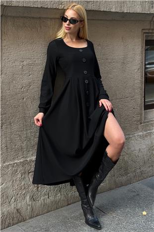 Kadın SİYAH Düğme Detaylı Yuvarlak Yaka Pileli Ottoman Elbise VS01649