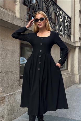 Kadın SİYAH Düğme Detaylı Yuvarlak Yaka Pileli Ottoman Elbise VS01649