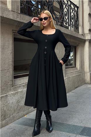Kadın SİYAH Düğme Detaylı Yuvarlak Yaka Pileli Ottoman Elbise VS01649