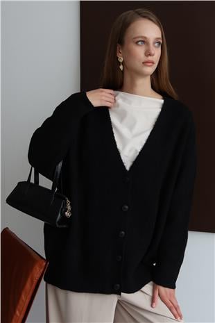 Kadın SİYAH Düğme Kapamalı Fitilli Uzun Triko Hırka VS01430