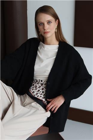 Kadın SİYAH Düğme Kapamalı Fitilli Uzun Triko Hırka VS01430