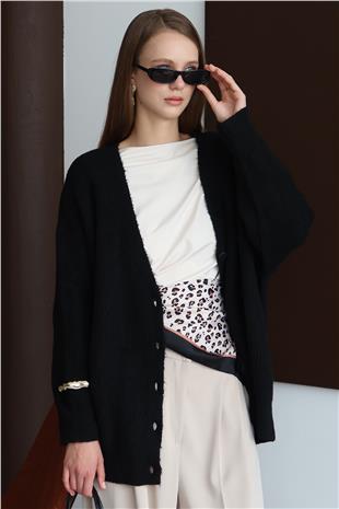 Kadın SİYAH Düğme Kapamalı Fitilli Uzun Triko Hırka VS01430