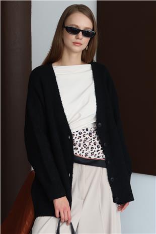 Kadın SİYAH Düğme Kapamalı Fitilli Uzun Triko Hırka VS01430