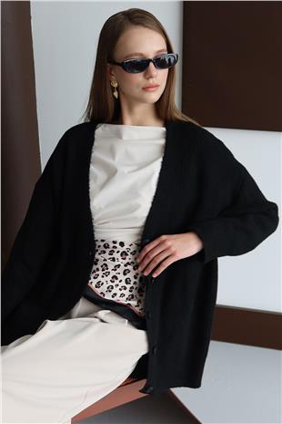 Kadın SİYAH Düğme Kapamalı Fitilli Uzun Triko Hırka VS01430