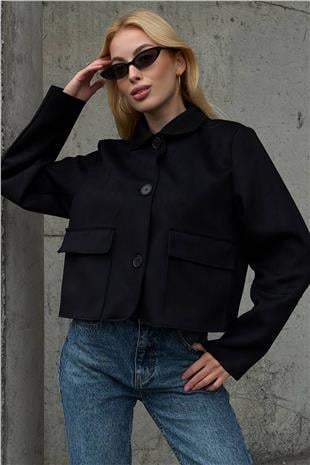 Kadın SİYAH Düğmeli Cep Detaylı Süet Ceket VS01424