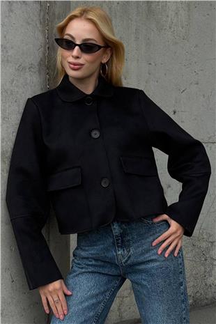 Kadın SİYAH Düğmeli Cep Detaylı Süet Ceket VS01424