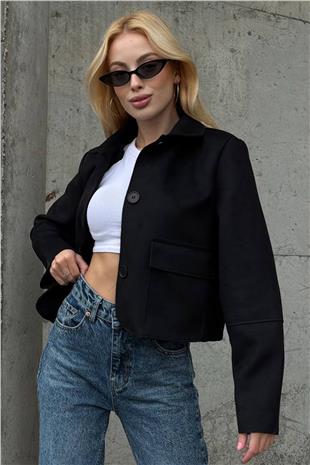 Kadın SİYAH Düğmeli Cep Detaylı Süet Ceket VS01424