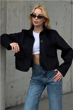 Kadın SİYAH Düğmeli Cep Detaylı Süet Ceket VS01424