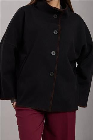 Kadın SİYAH Düğmeli Geniş Kollu Kontrast Dikişli Yırtmaçlı Kaban VS01673