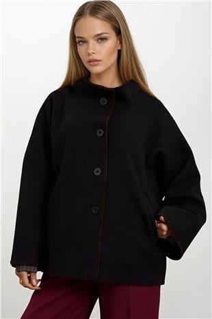Kadın SİYAH Düğmeli Geniş Kollu Kontrast Dikişli Yırtmaçlı Kaban VS01673