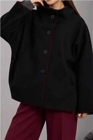 Kadın SİYAH Düğmeli Geniş Kollu Kontrast Dikişli Yırtmaçlı Kaban VS01673
