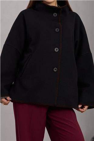 Kadın SİYAH Düğmeli Geniş Kollu Kontrast Dikişli Yırtmaçlı Kaban VS01673