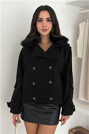 Kadın Siyah Düğmeli Kol Detaylı Kürk Yaka Kaşe Astarlı Kaban VS01573