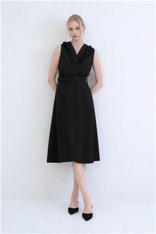 Kadın Siyah Düğmeli Önü Fırfır Detaylı Kendindn Kemerli Keten Dokuma Elbise Alc-X15330