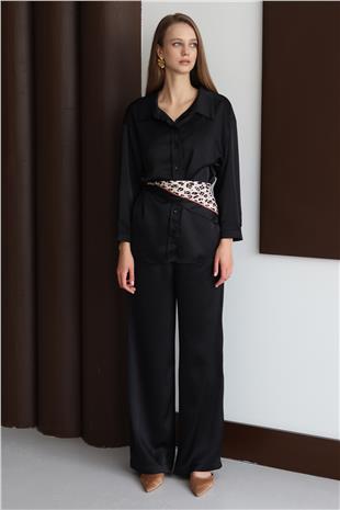 Kadın Siyah Düğmeli Oversize Saten Gömlek ve Pantolon Takım VS01428
