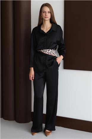 Kadın Siyah Düğmeli Oversize Saten Gömlek ve Pantolon Takım VS01428