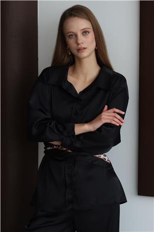 Kadın Siyah Düğmeli Oversize Saten Gömlek ve Pantolon Takım VS01428