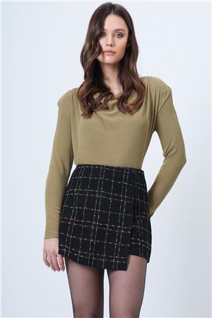 Kadın SİYAH Ekose Desenli Tweed Şort Etek VS01555