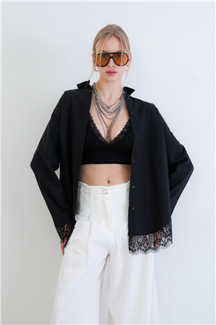 Kadın Siyah Eteği Ve Manşetleri Dantel Detaylı Oversize Poplin Gömlek Alc-X15447
