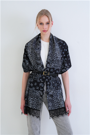 Kadın Siyah Etnik Desenli Dantelli Dokuma Şal Alc-X15448