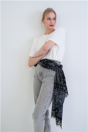 Kadın Siyah Etnik Desenli Dantelli Dokuma Şal Alc-X15448