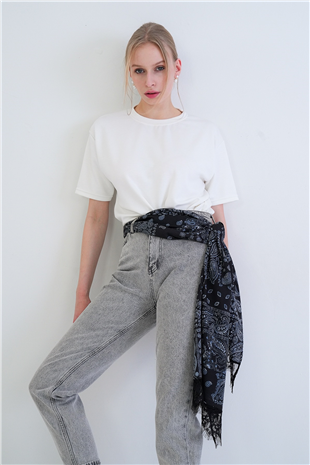 Kadın Siyah Etnik Desenli Dantelli Dokuma Şal Alc-X15448