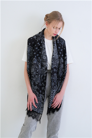 Kadın Siyah Etnik Desenli Dantelli Dokuma Şal Alc-X15448