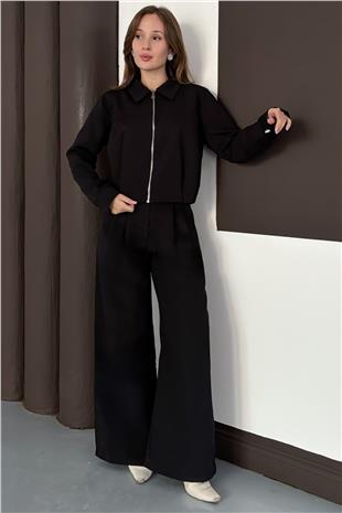 Kadın Siyah Fermuar Kapamalı Astarlı Ceket Bol Paça Pantolon Takım VS01564