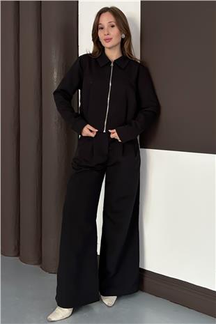 Kadın Siyah Fermuar Kapamalı Astarlı Ceket Bol Paça Pantolon Takım VS01564
