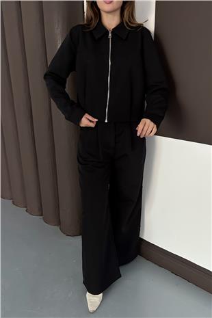 Kadın Siyah Fermuar Kapamalı Astarlı Ceket Bol Paça Pantolon Takım VS01564
