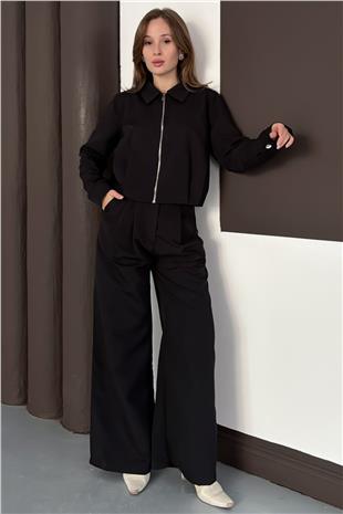 Kadın Siyah Fermuar Kapamalı Astarlı Ceket Bol Paça Pantolon Takım VS01564