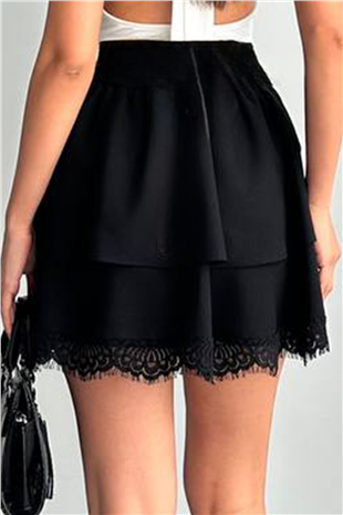 Kadın Siyah Fermuarlı Kat Kat Volanlı Dantel Detaylı Mini Etek Alc-X15193