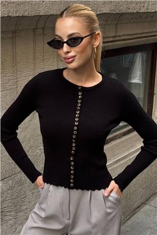 Kadın SİYAH Fit Uzun Kollu Düğmeli Triko Bluz VS01423