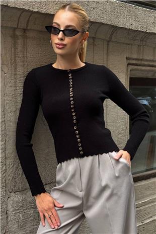 Kadın SİYAH Fit Uzun Kollu Düğmeli Triko Bluz VS01423