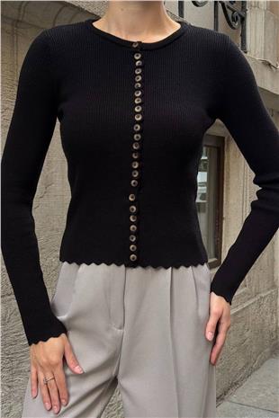 Kadın SİYAH Fit Uzun Kollu Düğmeli Triko Bluz VS01423